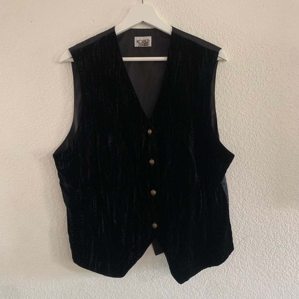 Koret Black Crushed Velvet Vest Gold Decorative Buttons Adjustable Back Tie